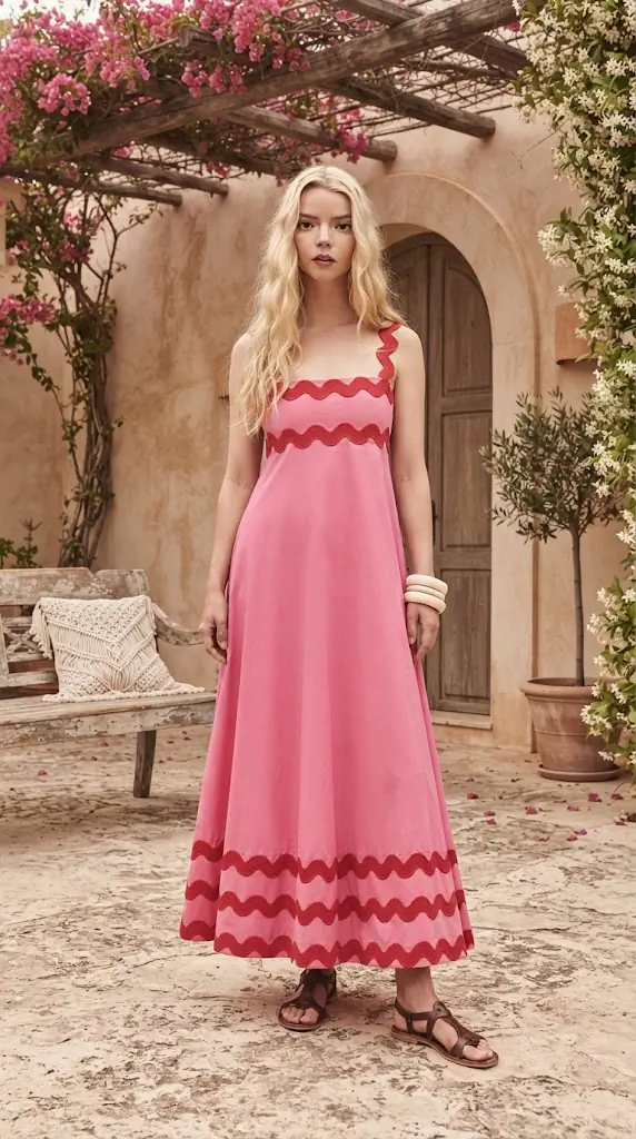 Contrast Trim Square Neck Wide Strap Dress