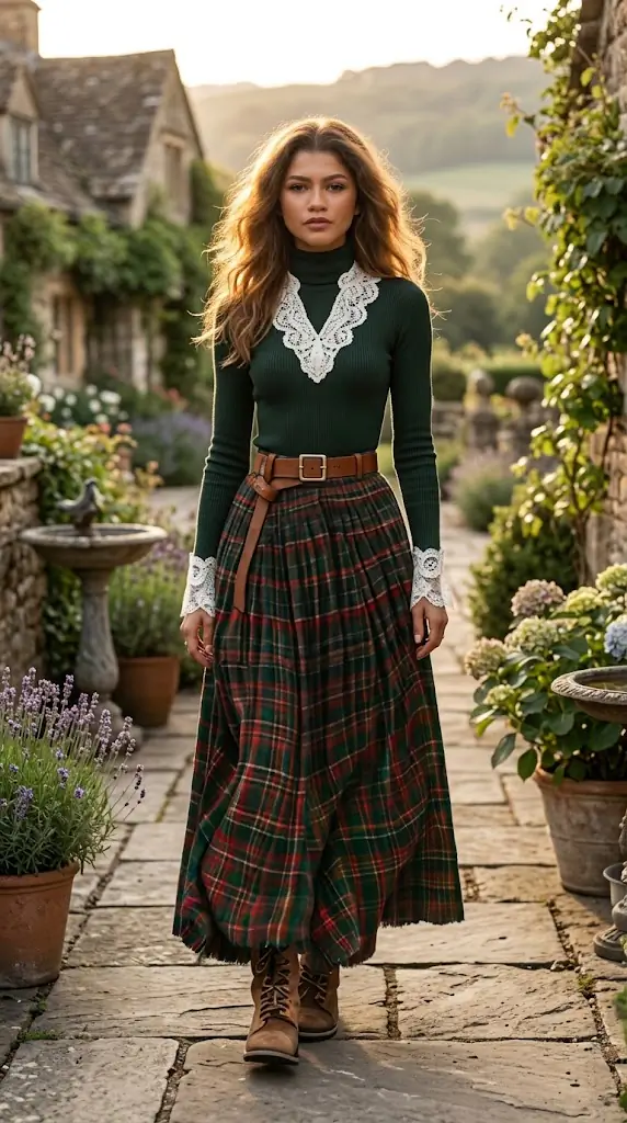 Plaid Maxi Dress with Lace Trim | Cottagecore Vintage Long Dress Outfit