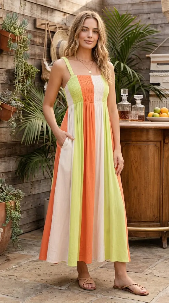 Color Block Smocked Maxi Cami Dress | Flowy Striped Boho Sundress Outfit