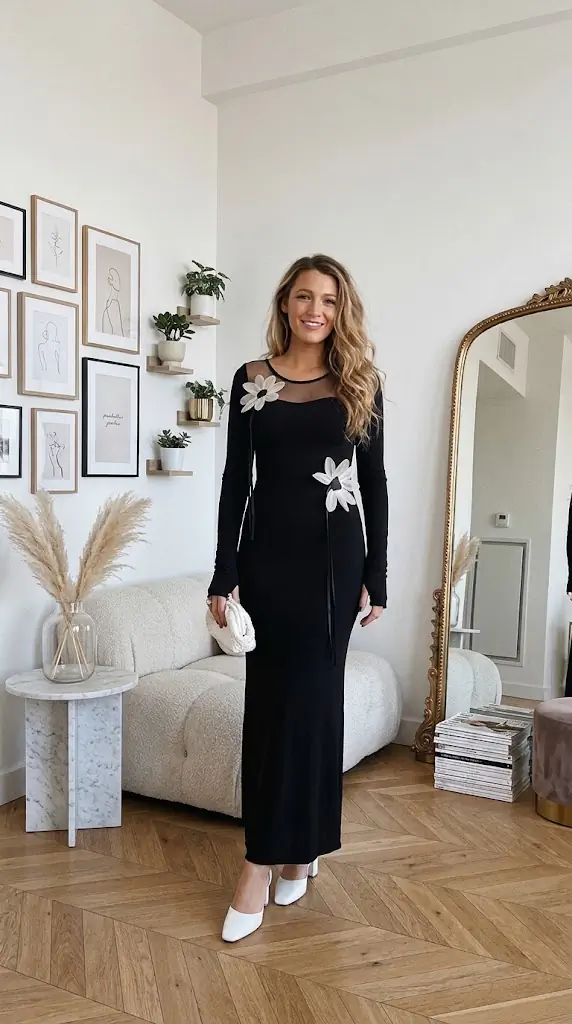 Mesh Panel Long Sleeve Maxi Dress – Black Floral Applique Gown