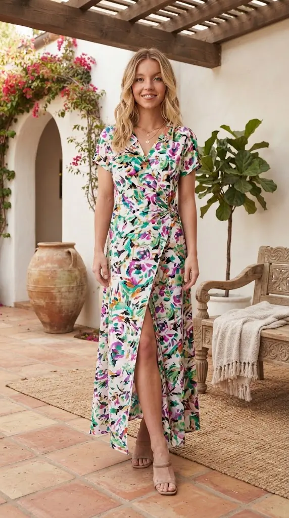 First Love Slit Printed Surplice Tie Waist Short Sleeve Dress