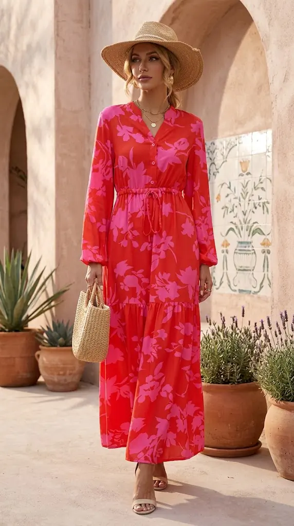 Floral Drawstring Waist Long Sleeve Dress