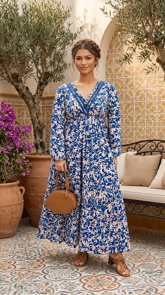 Plus Size Floral Print V-Neck Long Sleeve Maxi Dress | Flattering Blue Boho Outfit