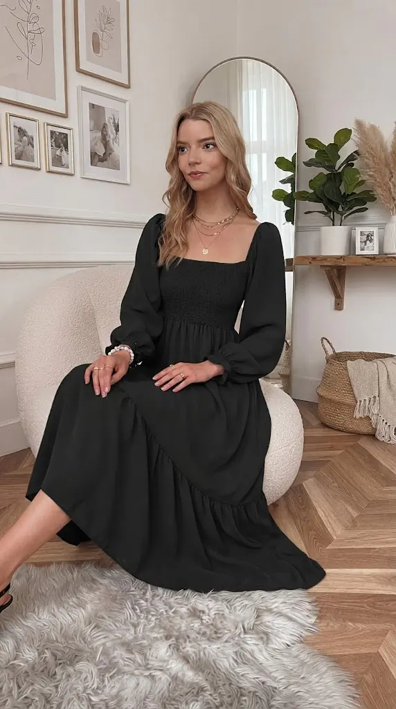 Smocked Long Sleeve Midi Dress | Fall Chic Black Outfit Inspiration
