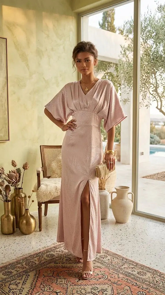 Divine Slit Animal Print V-Neck Half Sleeve Dress – Glamorous Pink Maxi Dress