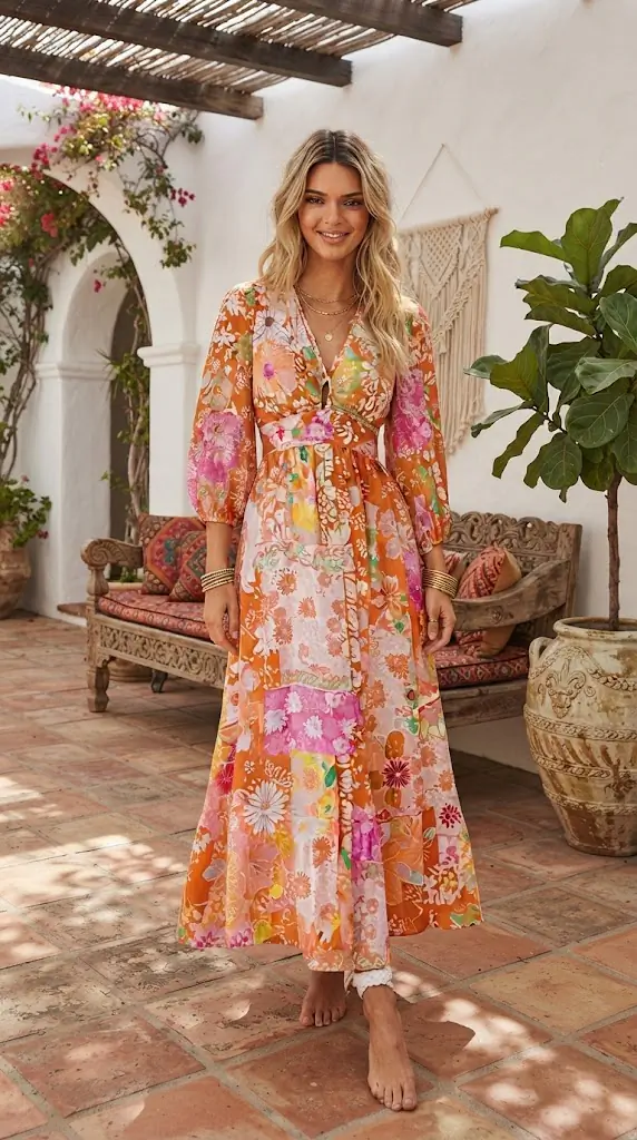 Vibrant Floral Long Sleeve Dress with Lace-Up Back | Boho Chic Fall Maxi