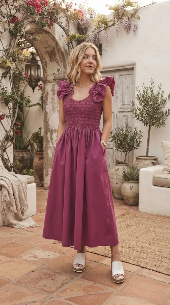 Solid Color Ruffled Straps Smocked Ruched Maxi Dress | Chic Summer Style