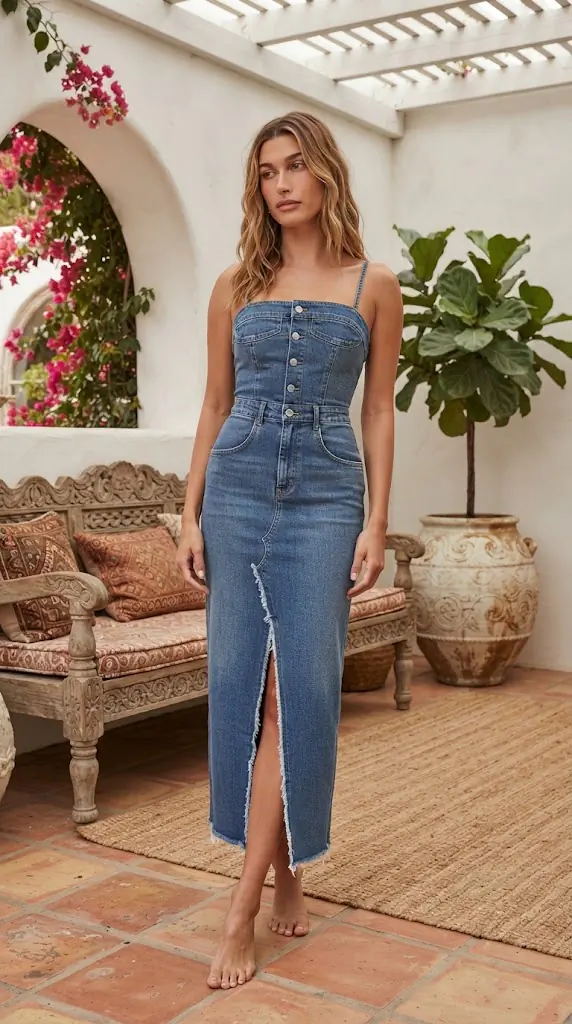 Sleeveless Frayed Hem Slit Denim Dress | Casual Chic Outfit Ideas