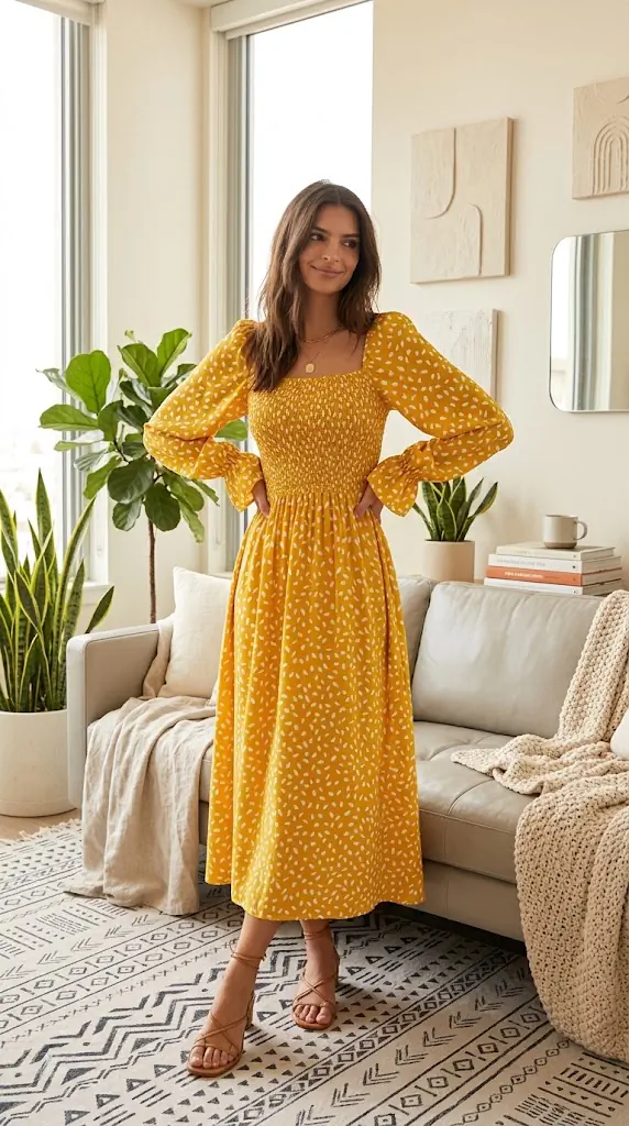 Smocked Square Neck Flounce Sleeve Dress – Flattering Yellow Maxi Dress