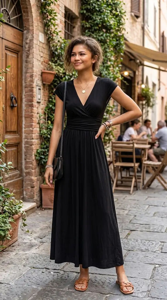 Smocked V-Neck Short Sleeve Dress | Flattering Black Maxi Outfit