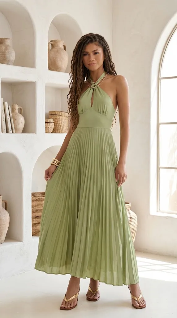 Halter Neck Pleated A-Line Dress
