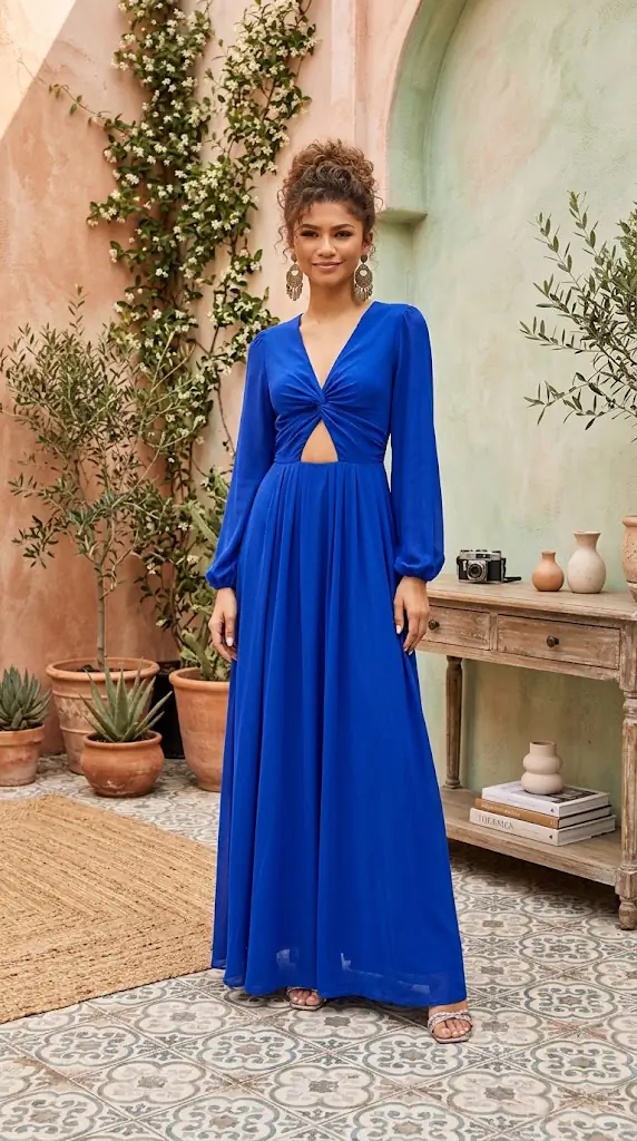 Twist Front Cutout Long Sleeve Dress | Elegant Royal Blue Maxi Dress