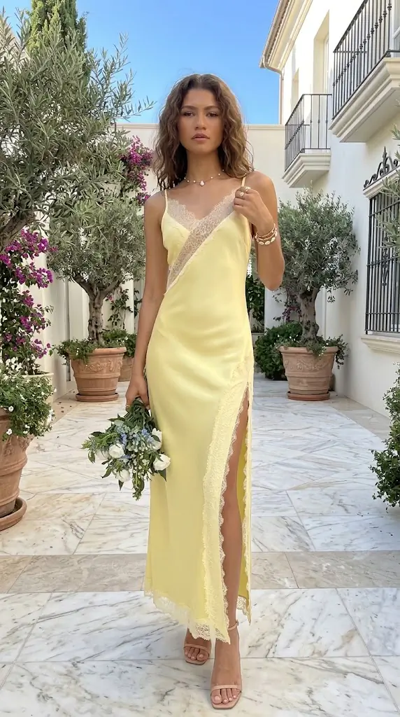 Lace Trimmed Slit Midi Dress | Elegant Yellow Slip Dress Outfit
