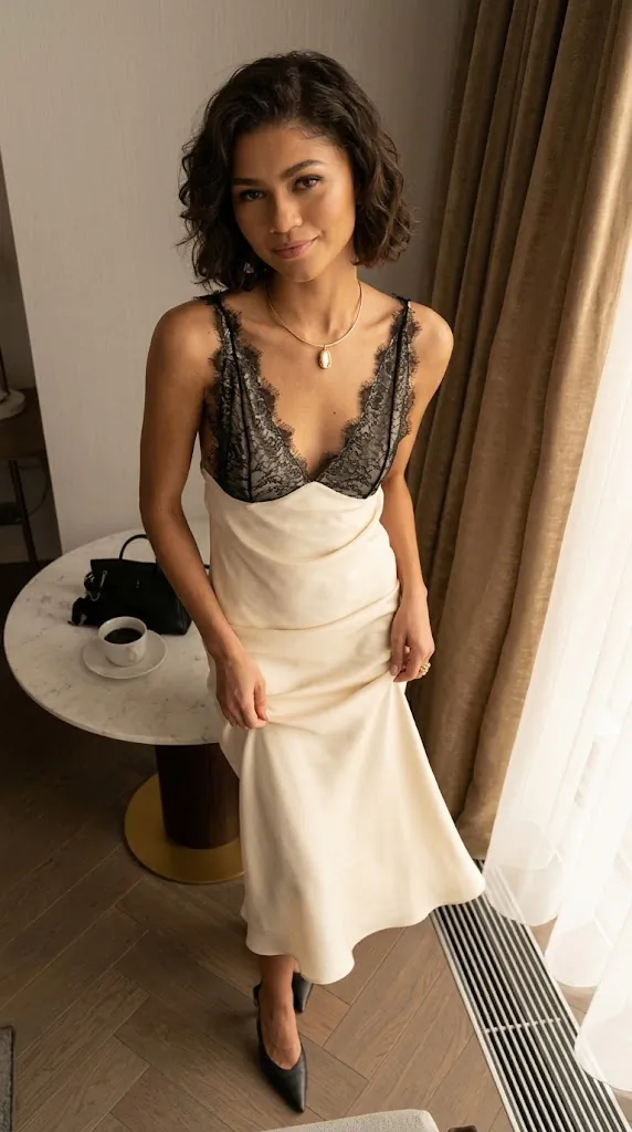 Lace Trimmed Adjustable Strap Midi Dress | Chic Cream Satin Slip Dress