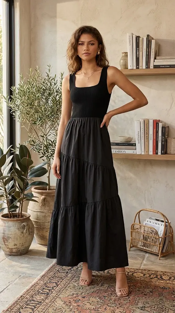 Mittoshop Mix Media Square Neck Maxi Dresss | Elegant Black Maxi Dress