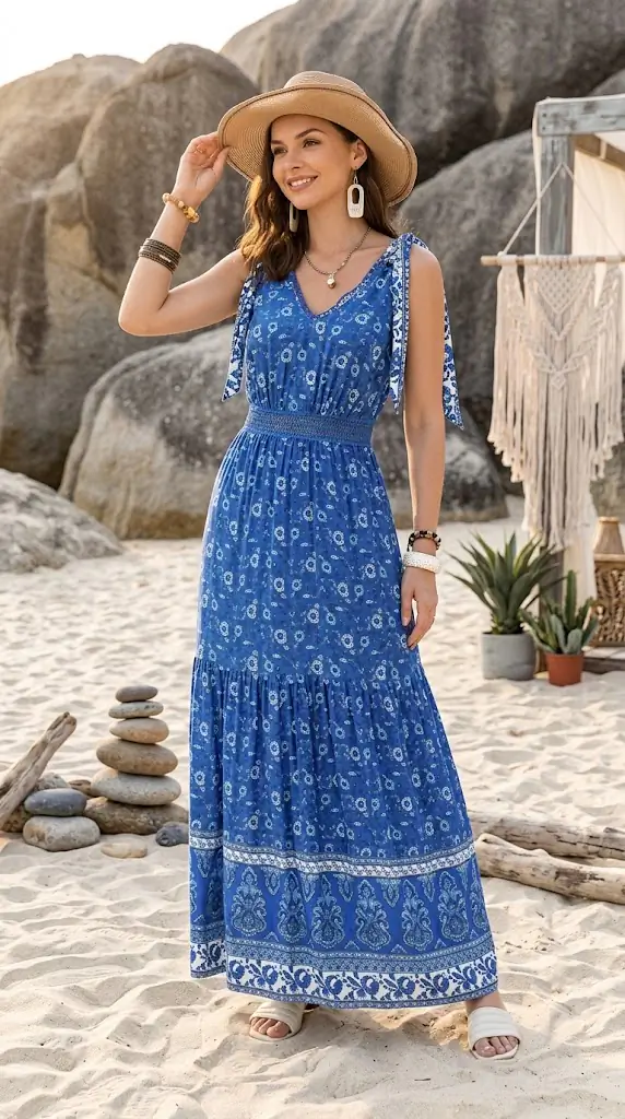 Printed V-Neck Tie Shoulder Dress | Stylish Beach & Resort Outfit Idea