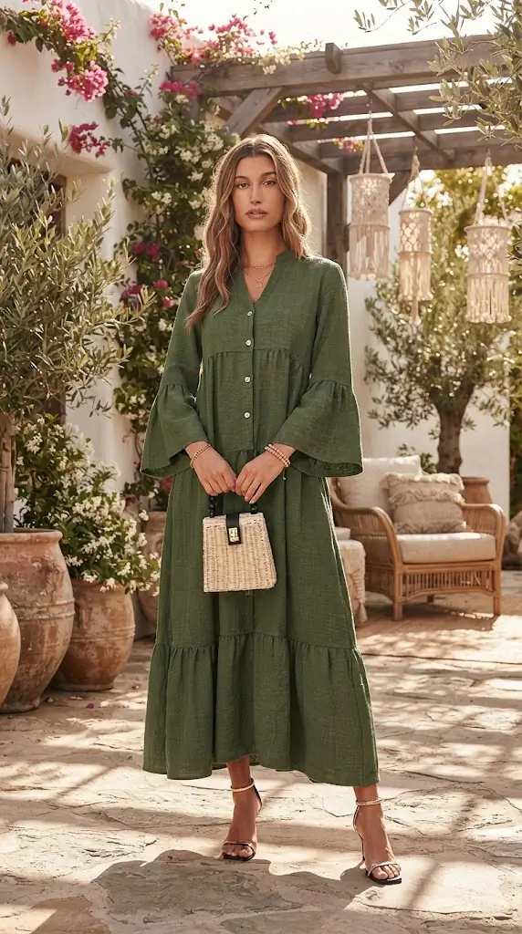 Button Front Tiered Midi Dress | Chic Olive Green Outfit