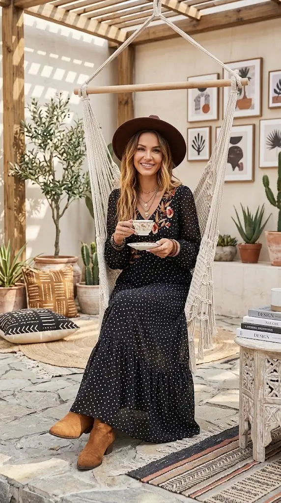 Embroidered V-Neck Long Sleeve Dress: Boho Polka Dot Maxi Style