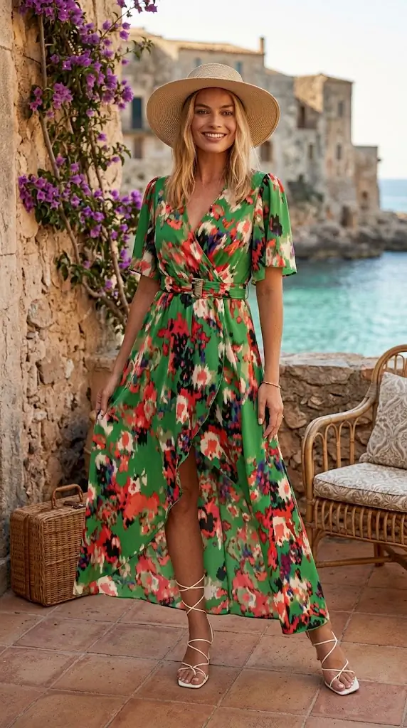 Printed Surplice Short Sleeve Maxi Dress
