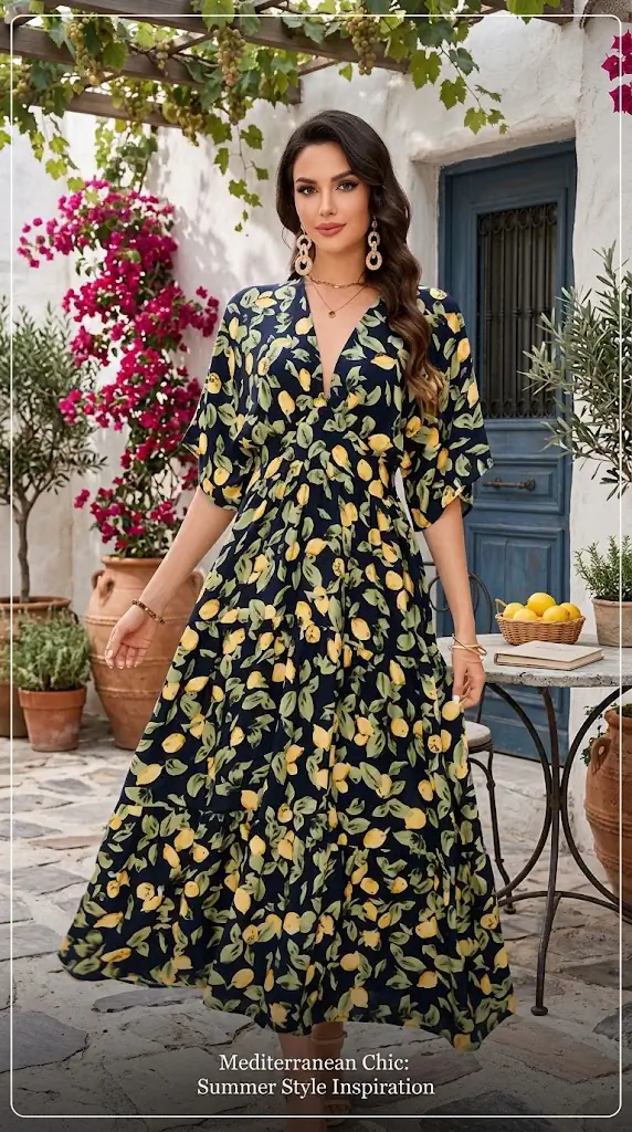 Printed V-Neck Ruffle Hem Flowy Midi Dress: Lemon Print Summer Outfit