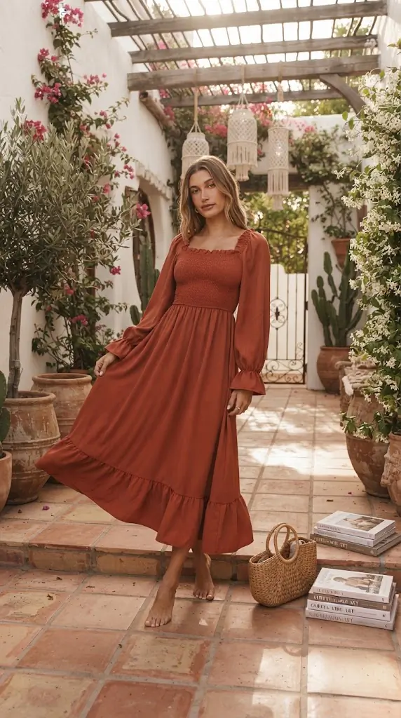 Smocked Square Neck Flounce Sleeve Dress