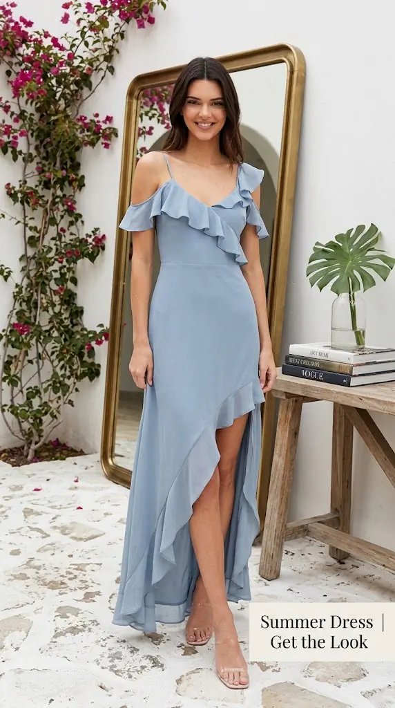 HYFVE Chiffon Ruffle Trim Midi Dress | Light Blue Off-Shoulder Summer Look
