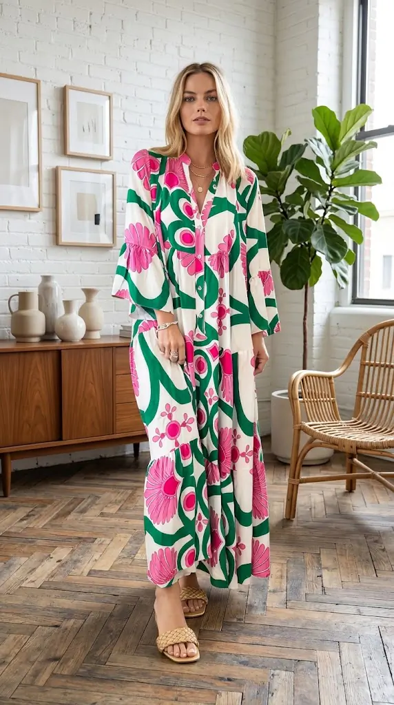 Printed Notched Long Sleeve Maxi Dress