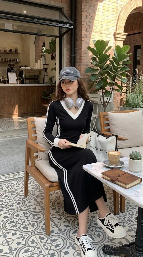 Plus Size V-Neck Long Sleeve Bodycon Midi Dress with Side Stripes – Sporty Casual Dress
