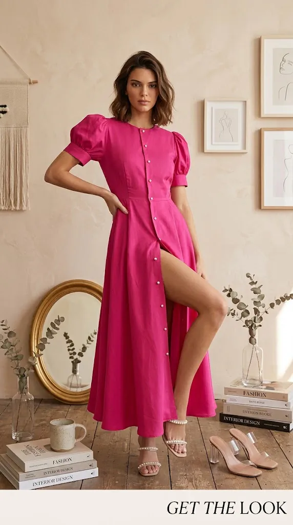 Button Down Short Sleeve Dress | Hot Pink Puff Sleeve Maxi