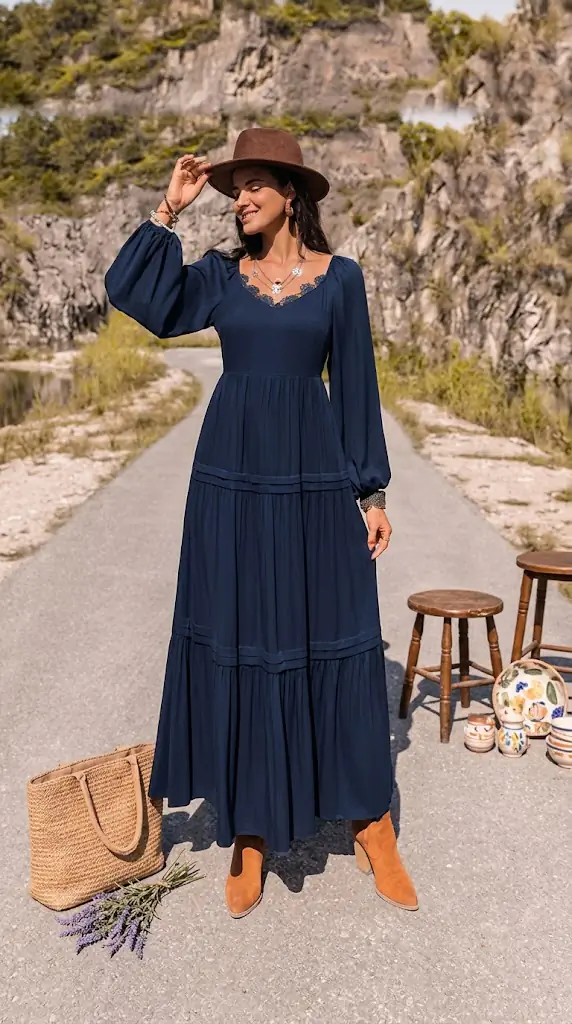 Long Sleeve Lace Trim Maxi Dress