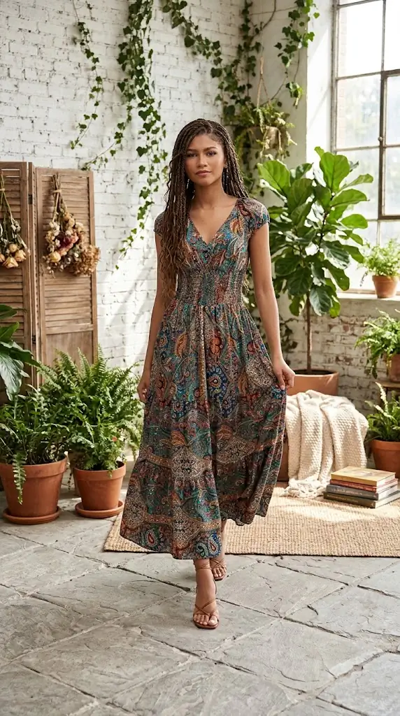 Printed V-Neck Cap Sleeve Dress