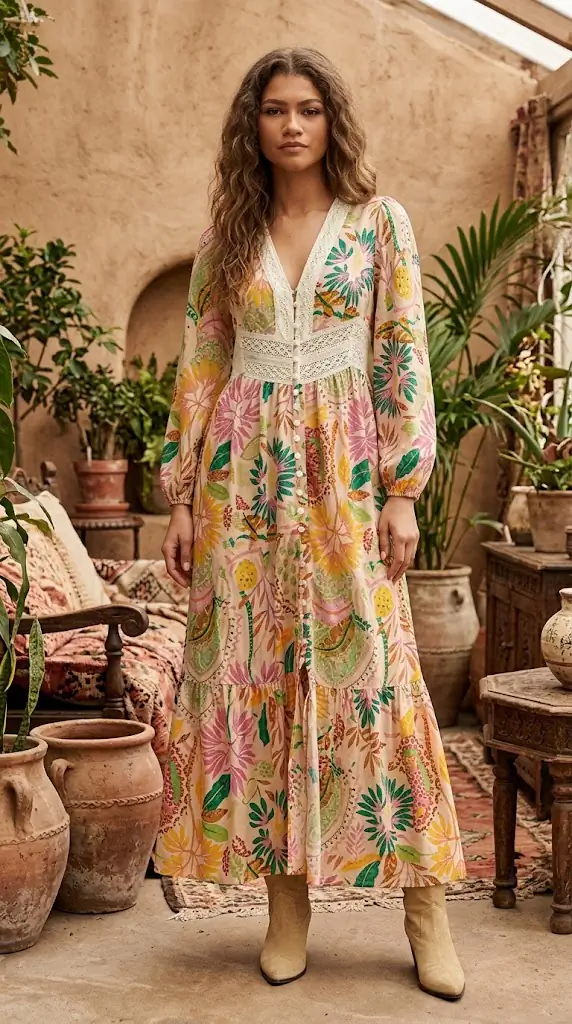 Plus Size Lace Detail Printed V-Neck Balloon Sleeve Dress