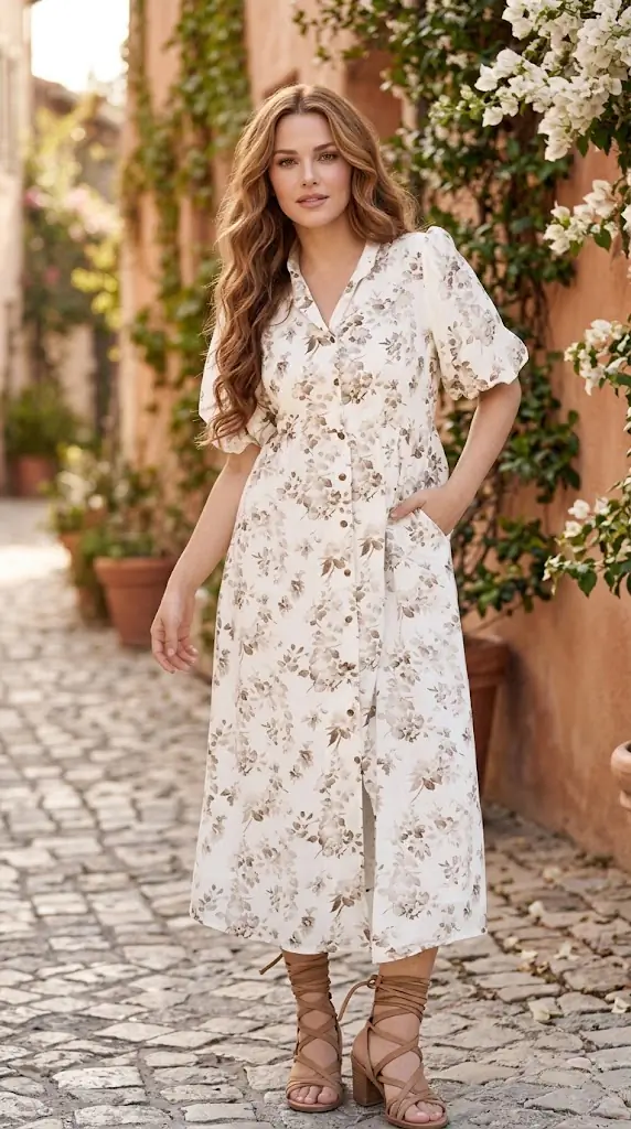 Printed Button Front Puff Sleeve Maxi Dress Outfit