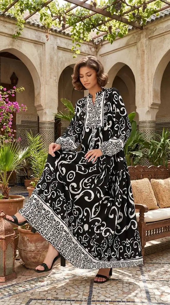 Printed Notched Balloon Sleeve Maxi Dress Outfit Ideas