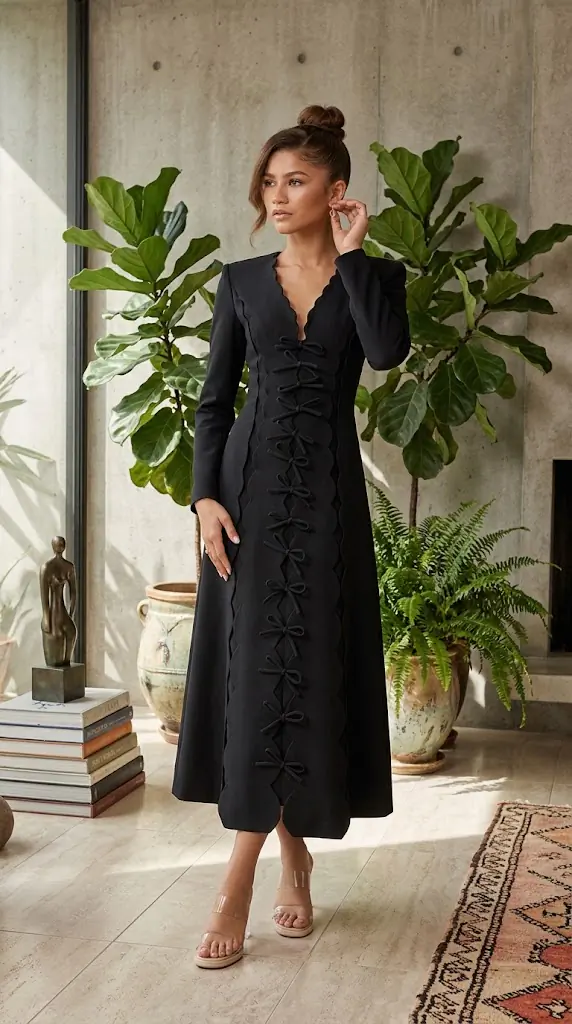 Long Sleeve Bow Front Midi Dress – Elegant Black Evening Look