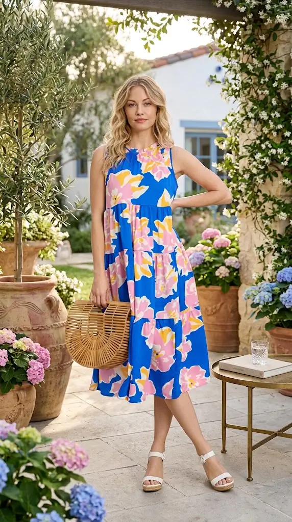 Umgee Full Size Floral Tiered Midi Tank Dress Plus Size | Colorful Blue Midi