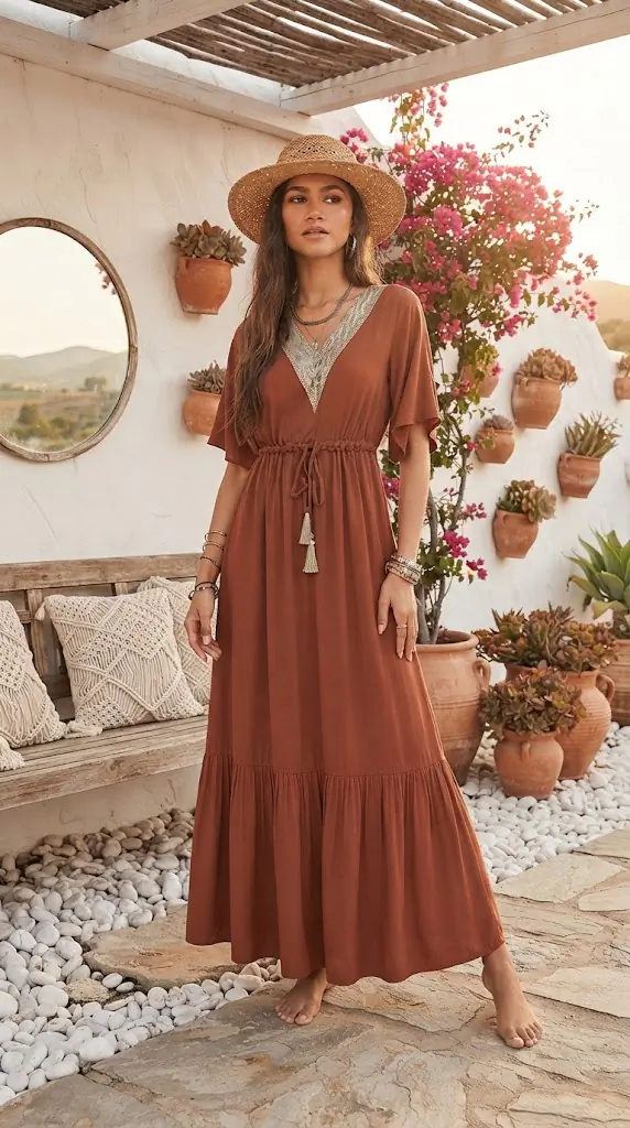 Ruffled Tassel V-Neck Flutter Sleeve Dress | Boho Vacation Outfit
