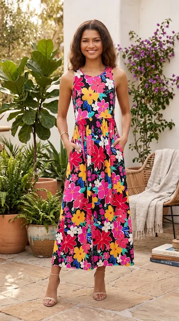 Haptics Pocketed Floral Round Neck Sleeveless Midi Dress