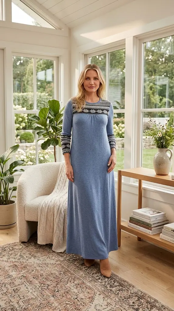 Honey Plus Size Printed Round Neck Long Sleeve Dress | Blue Printed Maxi