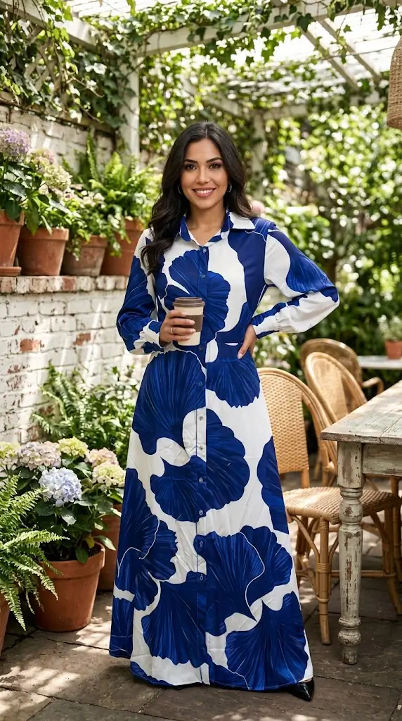 Printed Button Up Maxi Shirt Dress | Blue and White Long Sleeve Maxi Dresses