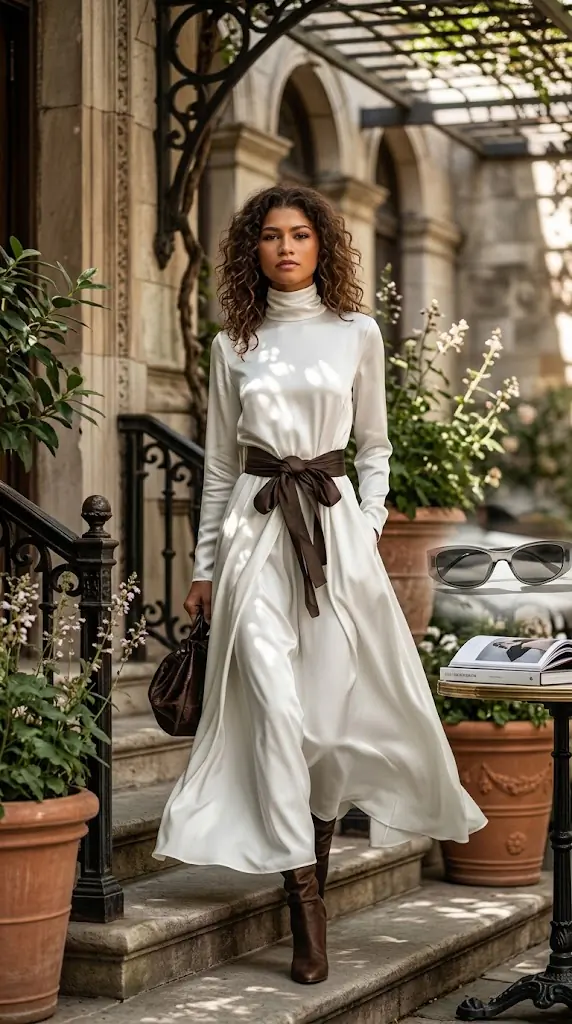 Turtleneck Tie Waist Midi Dress | Elegant Fall Outfit
