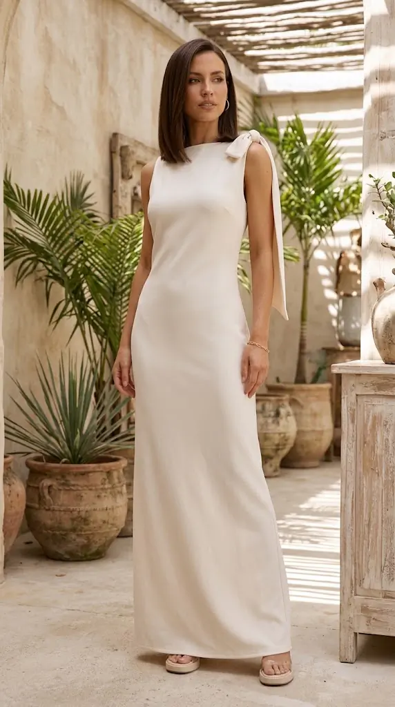 Tie Shoulder Sleeveless Maxi Dress | Cream Long Dresses for Women