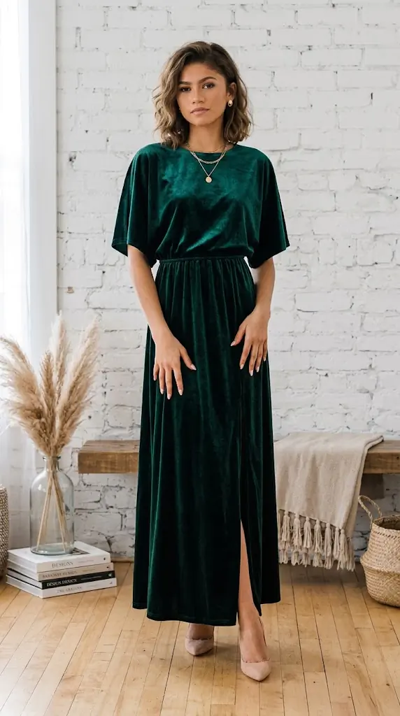 Slit Round Neck Flutter Sleeve Velvet Maxi Dress | Elegant Outfit
