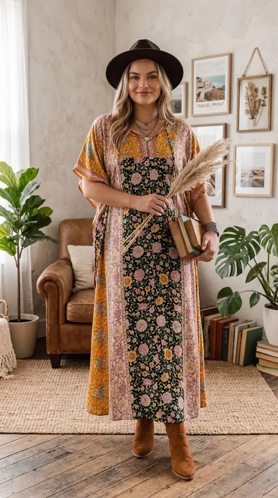 Plus Size Tie Neck Maxi Dress | Boho Floral Long Dresses