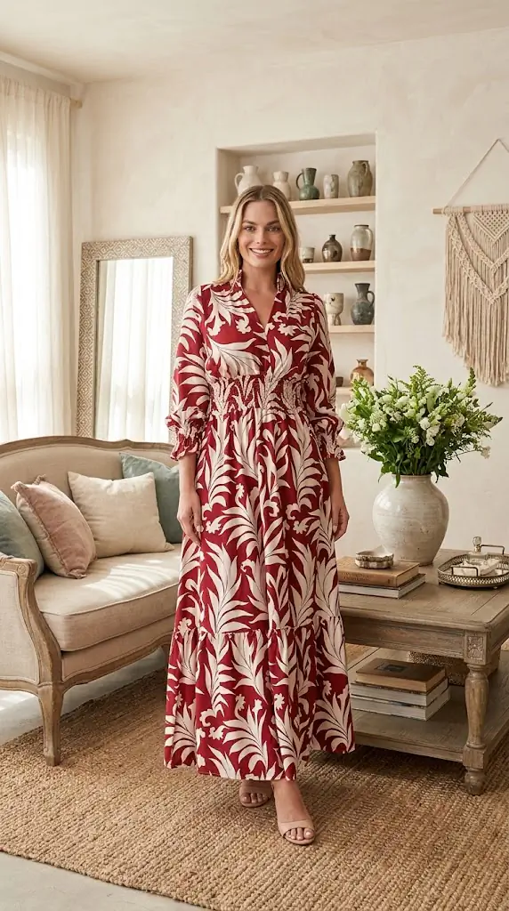 Printed Flounce Sleeve Maxi Dress | Burgundy Long Dresses