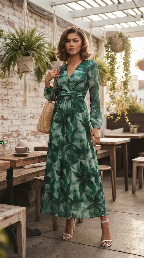 Surplice Long Sleeve Dress | Emerald Floral Maxi Style