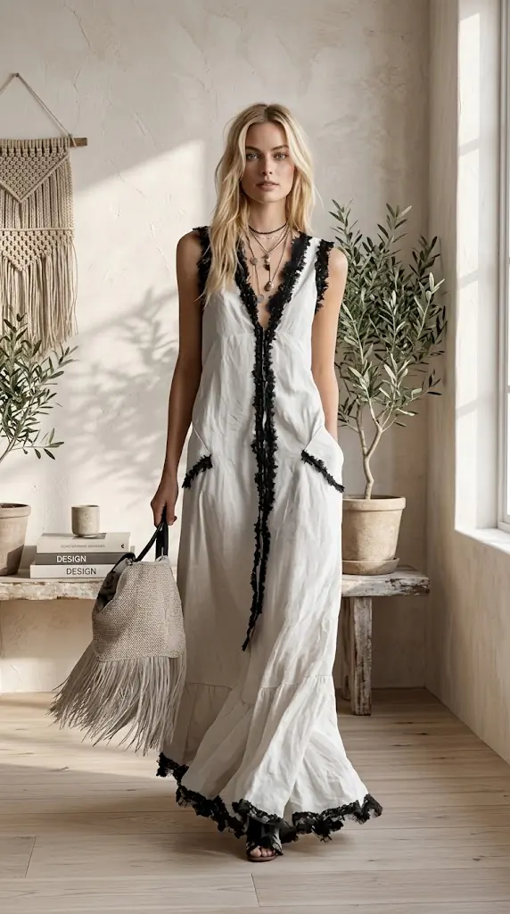 Contrast Trim Sleeveless Maxi Dress | Bohemian Summer Outfit