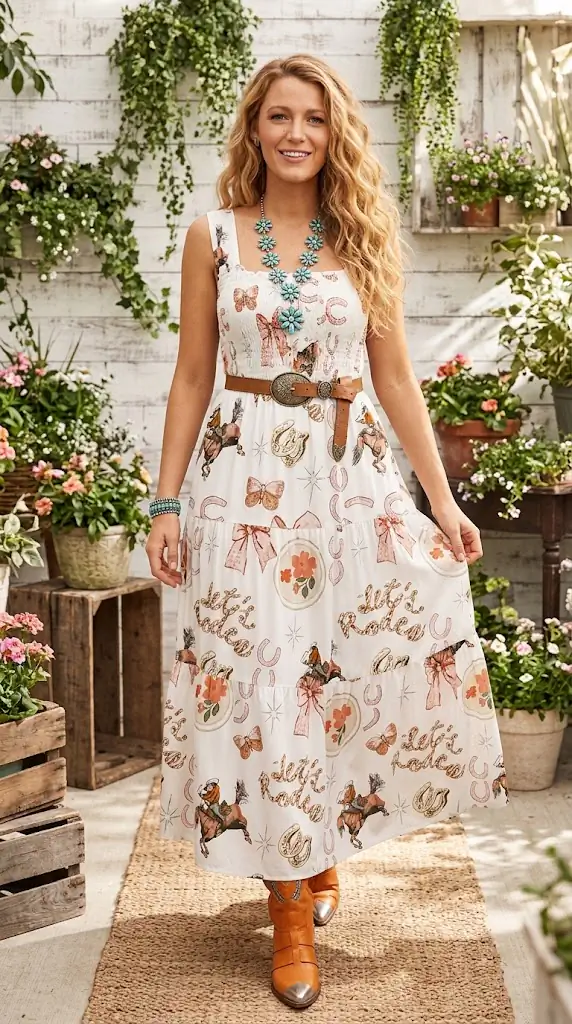 Western Horseshoe Print U-Neck Sleeveless Midi Dress – Country Concert Outfit