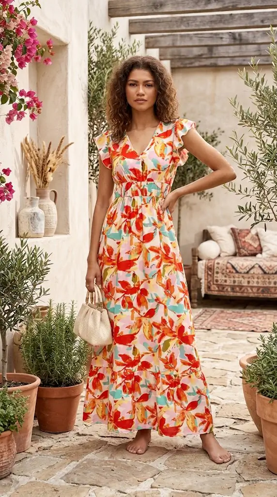 Ruffled V-Neck Cap Sleeve Dress – Floral Tropical Summer Maxi Dress Outfit