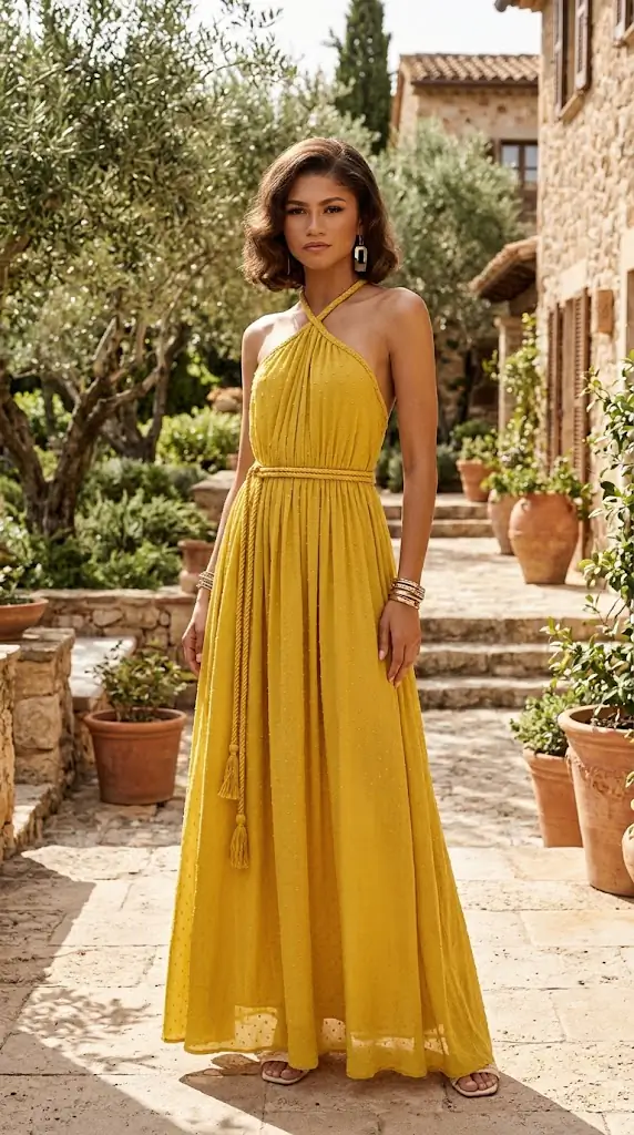 Swiss Dot Backless Sleeveless Maxi Dress | Yellow Resort Wear Outfit